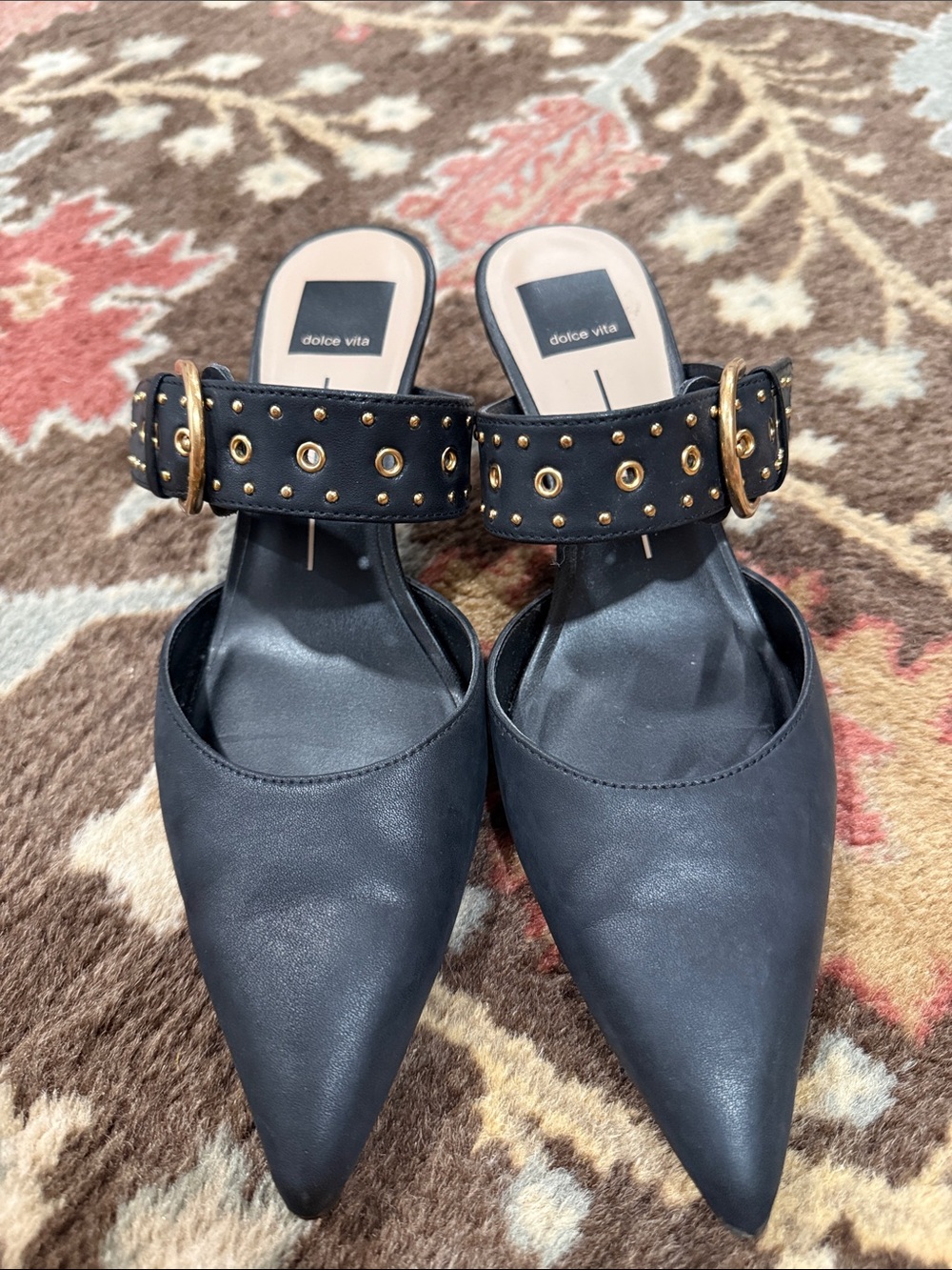 Dolce Vita Black Pointed Mules with Gold Grommet Strap